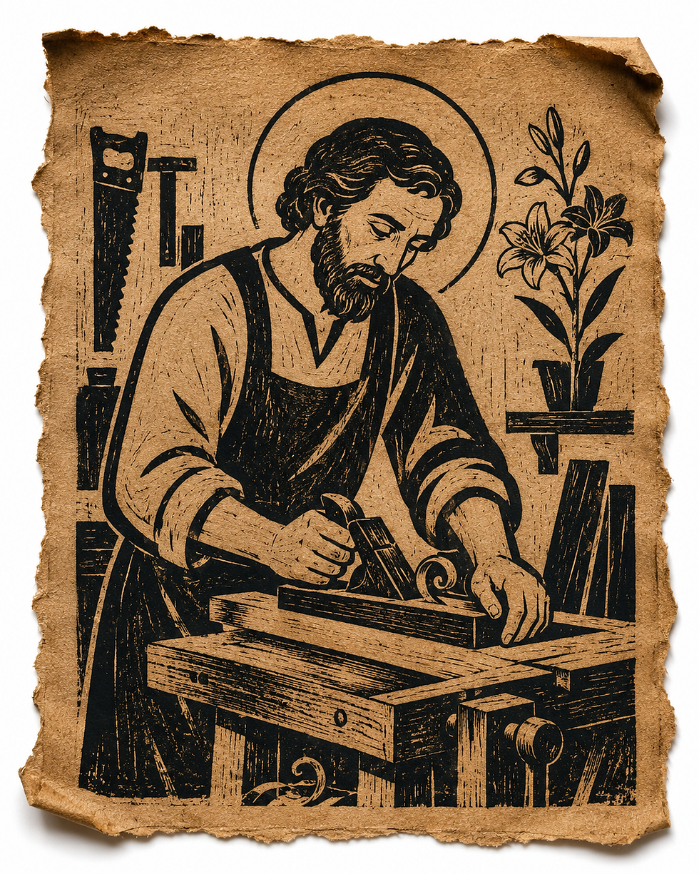 Woodcut-style bearded carpenter with halo planing wood at a bench, with flowers and tools on torn brown paper, solemn tone