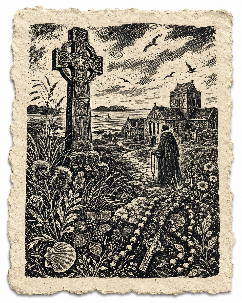Black-and-white engraving of a monk with rosary near a Celtic cross and seaside church, with gulls, flowers, and a rosary in front.
