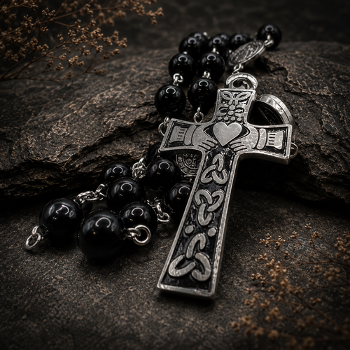 Claddagh, Silver and Obsidian Rosary | Paisley Honey