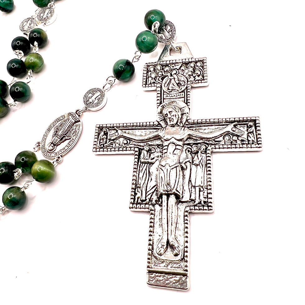 Thumbnail: Saint Francis of Assisi Silver and Green Tigers Eye Rosary