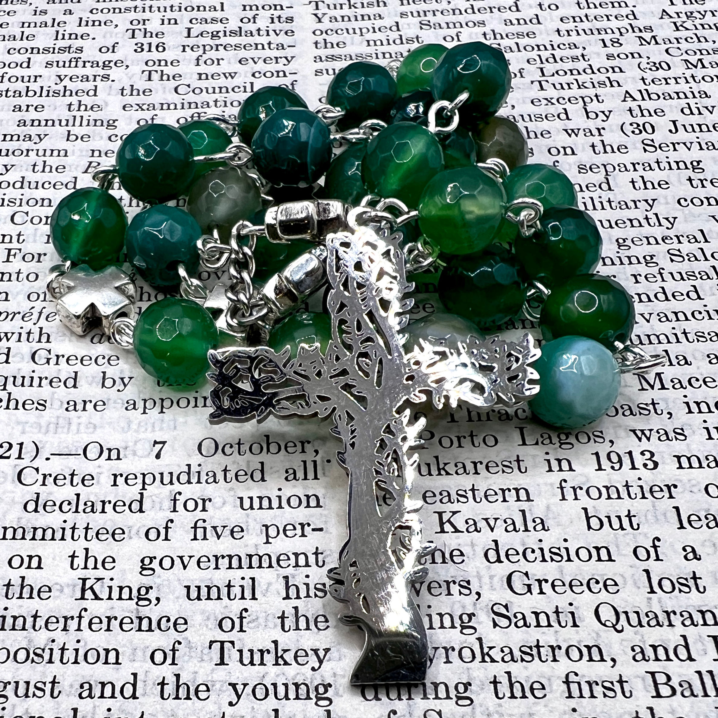 Faceted Green Stripe Agate and Steel Tree of Life Anglican Rosary