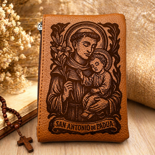m6072 仏アンティーク◆木携帯ケース入 聖アントニオ mini像1800年代 Saint Anthony | Engraved Rosary Pouch | Paisley Honey