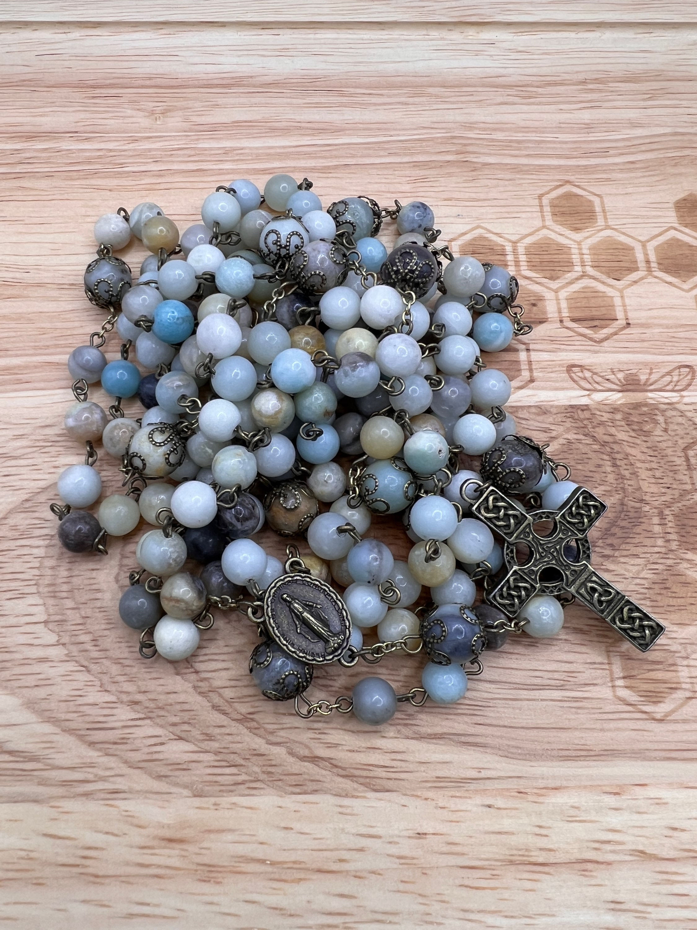 15 Decade Traditional Handmade Catholic Rosary Celtic Cross and Amazonite Bea