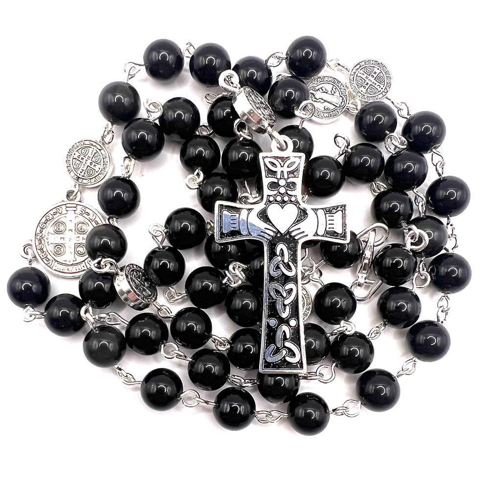 Thumbnail: Claddagh, Silver and Obsidian Rosary