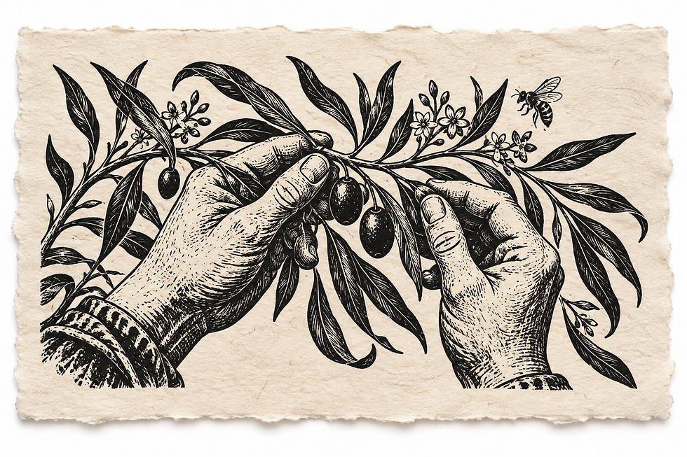 Linocut illustration of working hands holding an olive twig, surrounded by leaves, flowers and a bee.