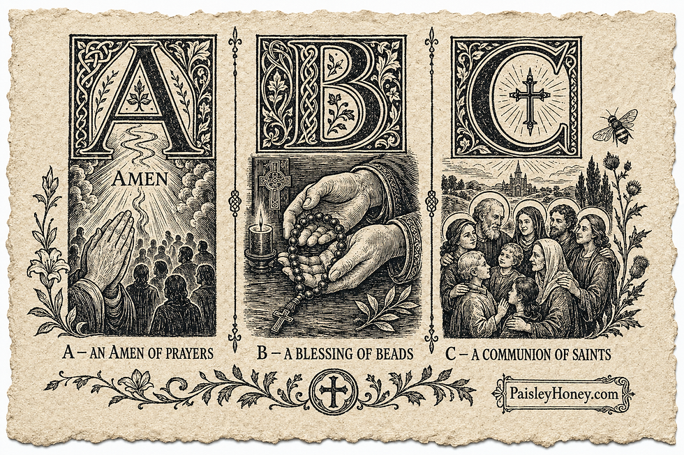 Vintage religious ABC print: praying crowd under A AMEN, rosary hands under B, saints group under C; PaisleyHoney.com