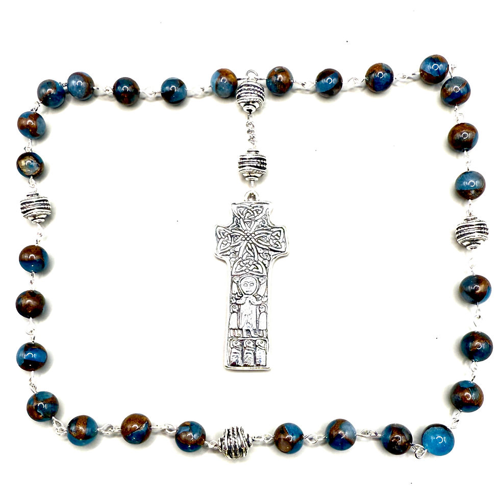 Thumbnail: Anglican Rosary – Lake Blue Agate & Copper Vein Beads – Carndonagh Celtic Cross