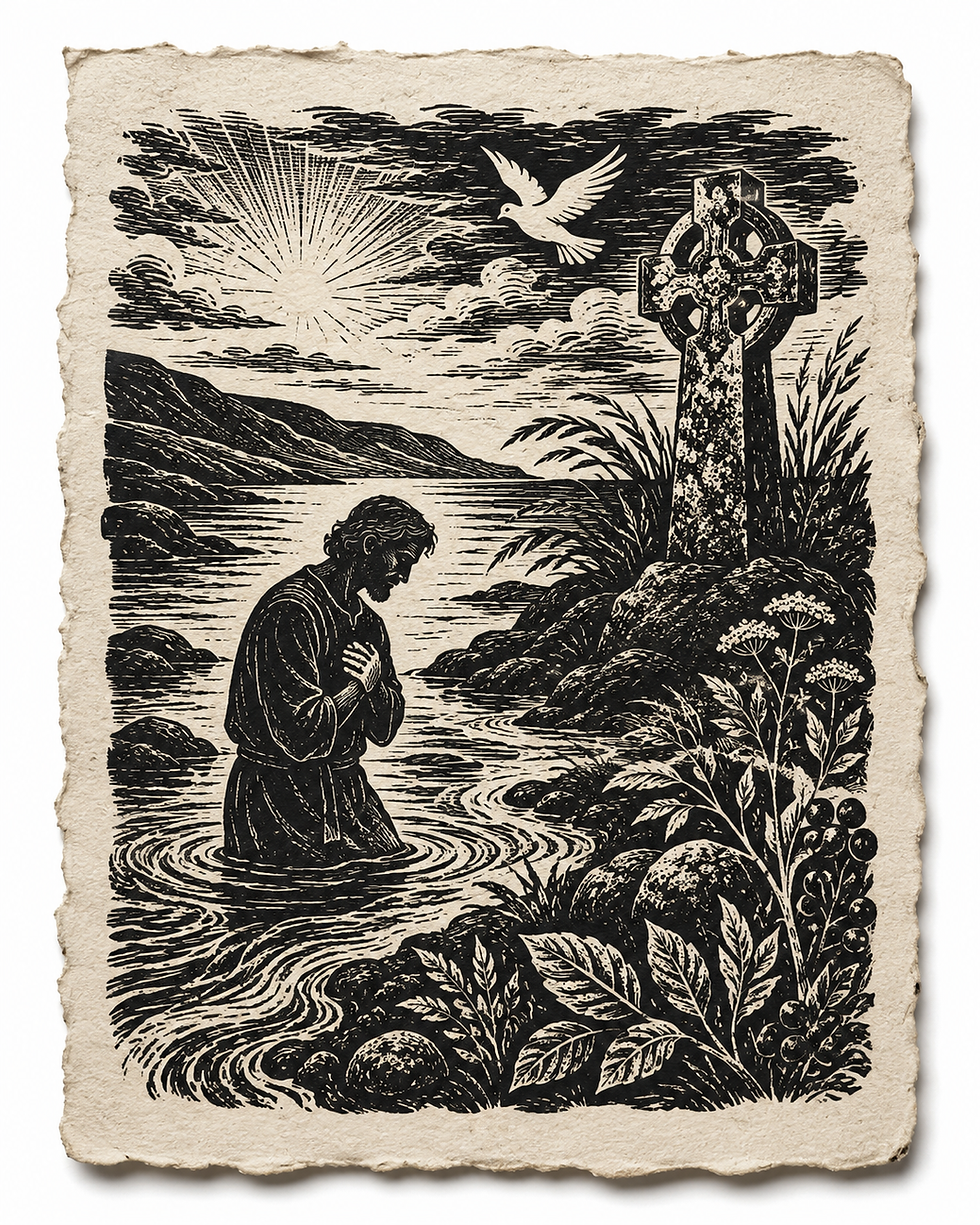 A woodblock print of a man being baptised in the sea