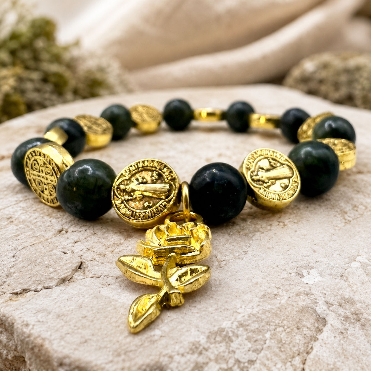 Handmade Green Jade Rosary Bracelet with Rose