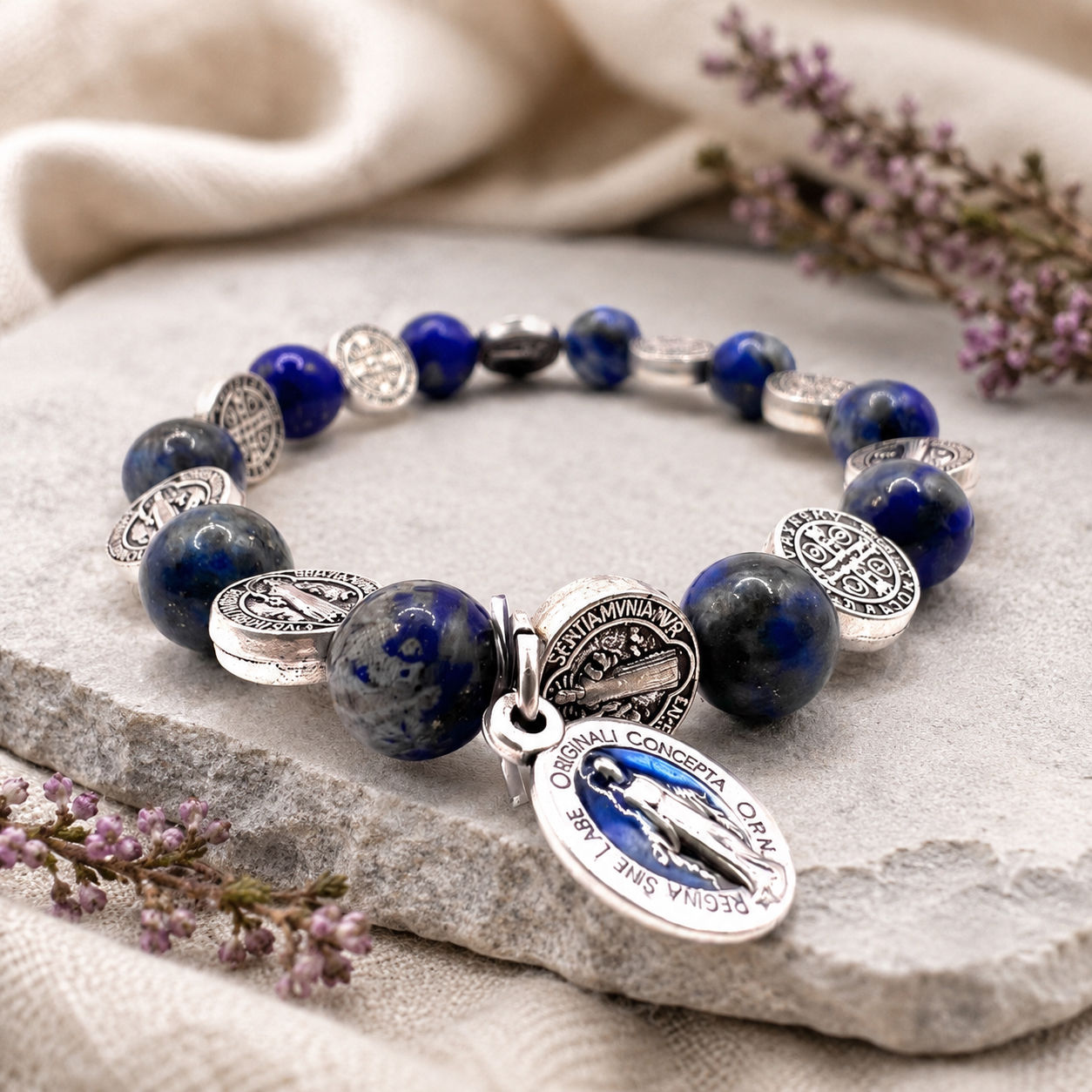 Handmade Lapis Lazuli Rosary Bracelet with Miraculous Medal