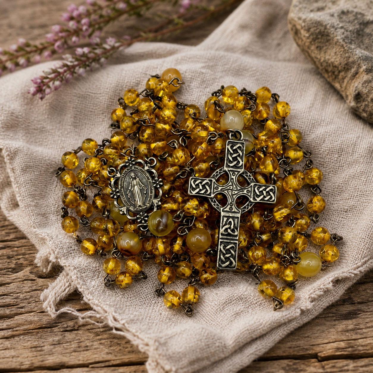 15 Decade Amber Dominican Celtic Rosary Beads
