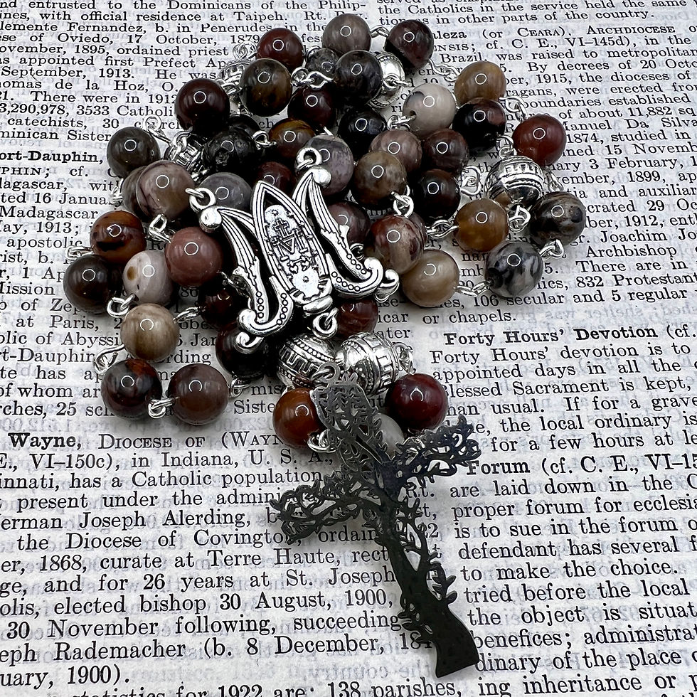 Thumbnail: Petrified Wood, Silver and  Steel Tree of Life Catholic Rosary