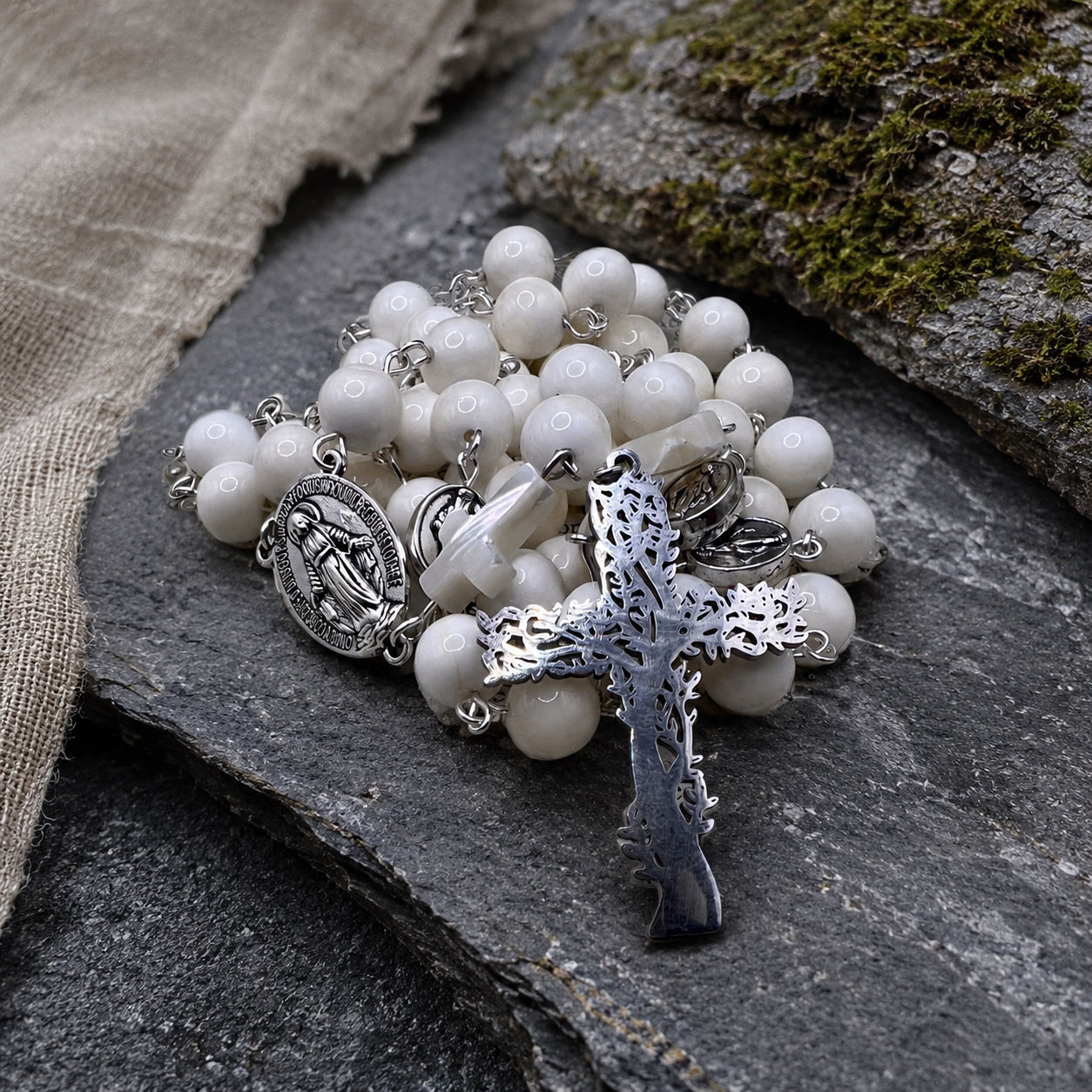 Natural Shell Bead and Tree of Life Rosary