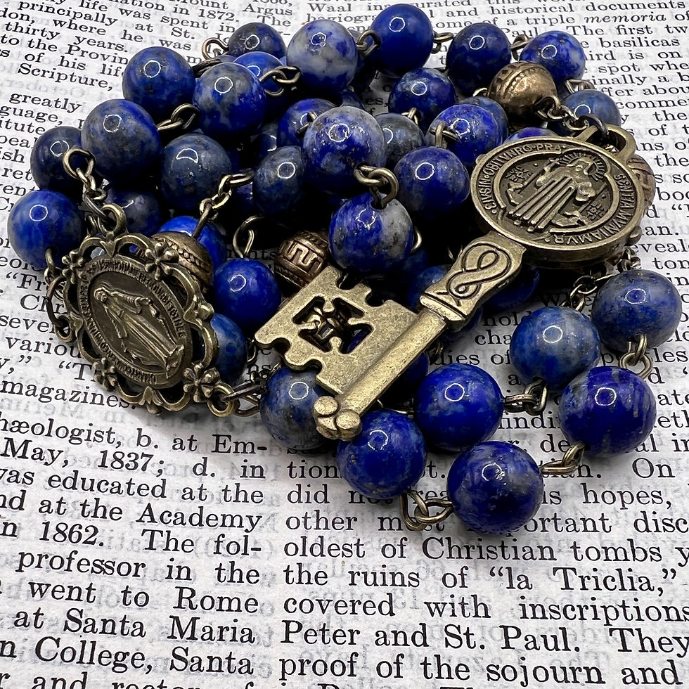 Thumbnail: Lapis Lazuli and Antiqued Brass Rosary with Miraculous Medal Saint Benedict Key
