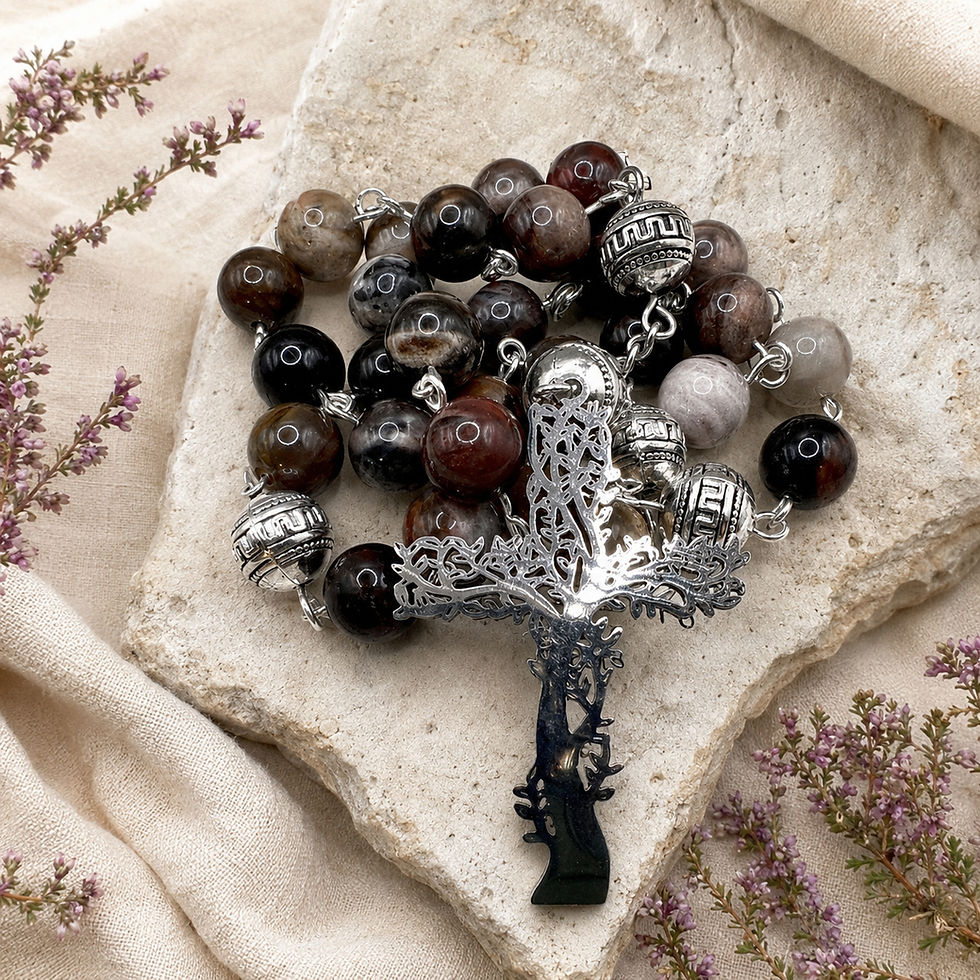 Thumbnail: Petrified Wood, Silver and  Steel Tree of Life Anglican Rosary
