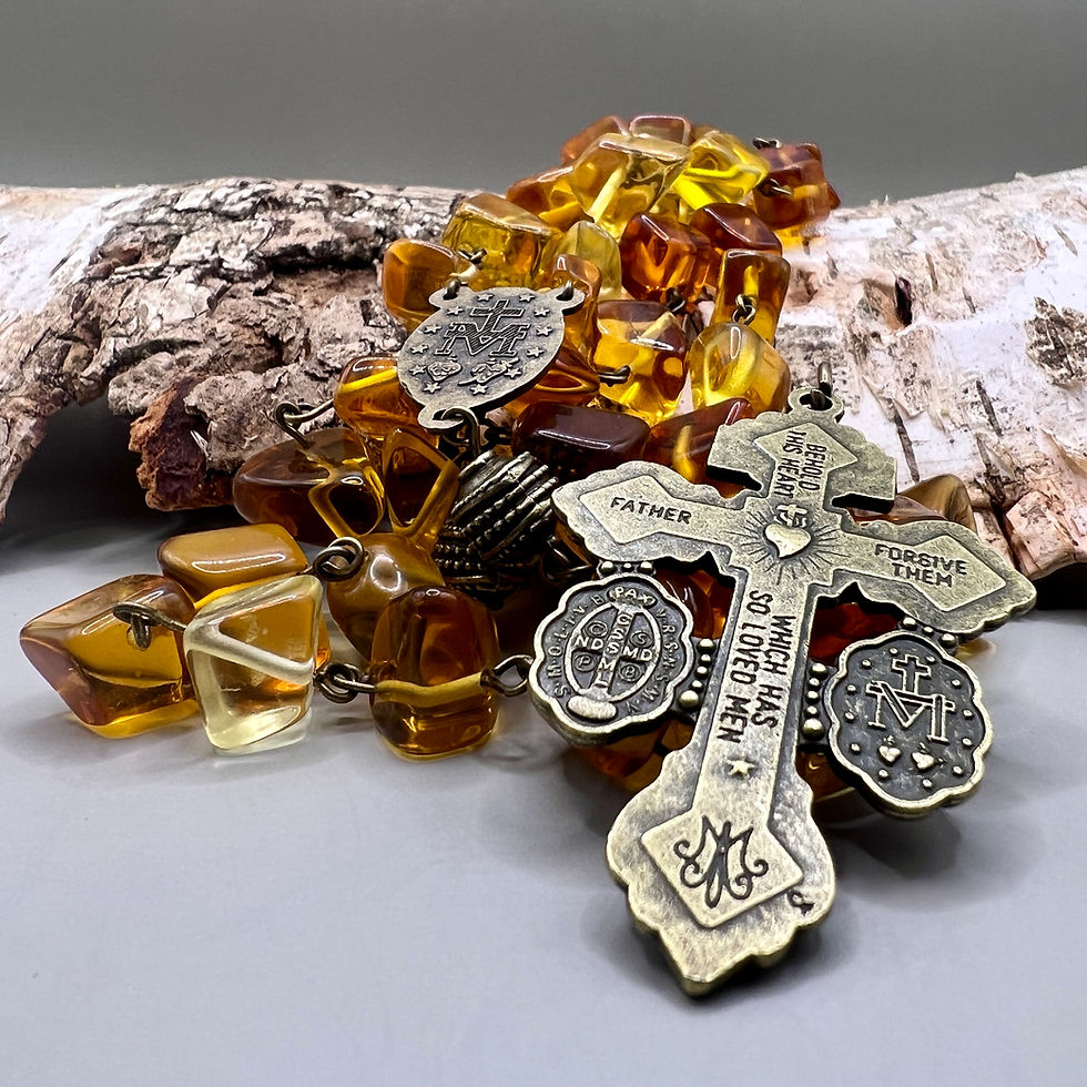 Thumbnail: Amber Glass Pardon Rosary Beads with Miraculous Medal Brass
