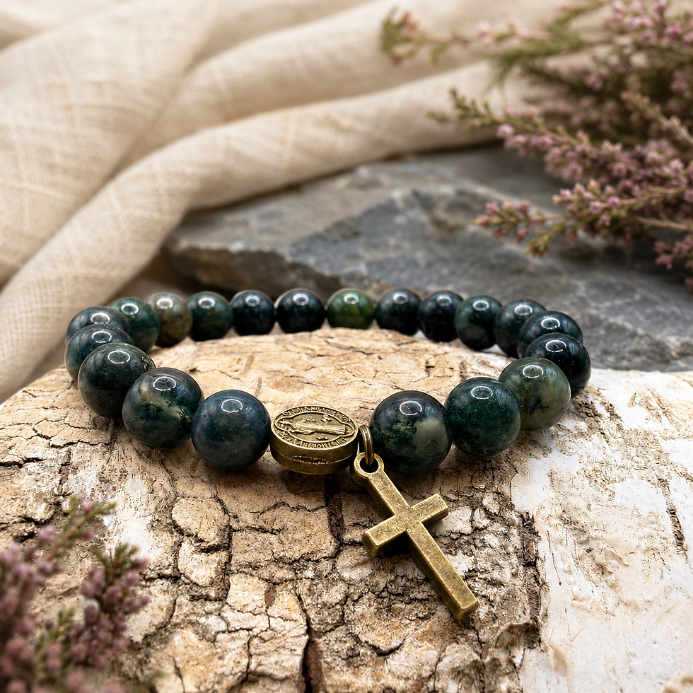 Thumbnail: Moss Agate Saint Benedict and Cross Bracelet