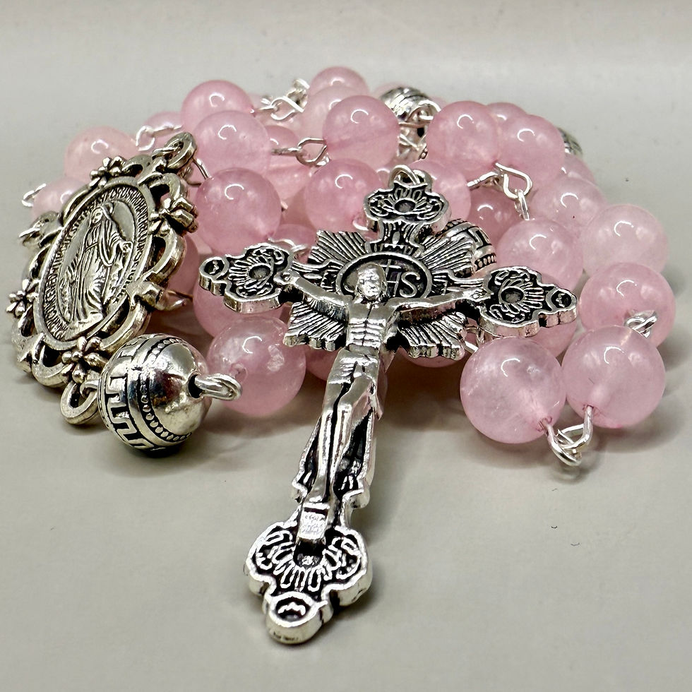 Thumbnail: Handmade Rose Quartz Catholic Rosary | Scallop Miraculous Medal | French Gothic
