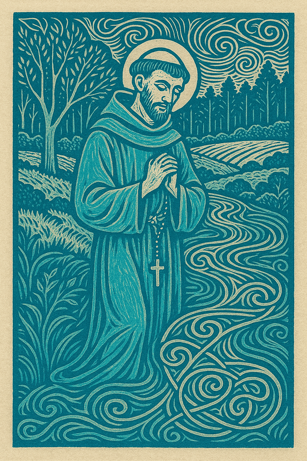 Illustration of a praying monk with a halo, standing near a swirling river. Background features trees and intricate patterns in blue.