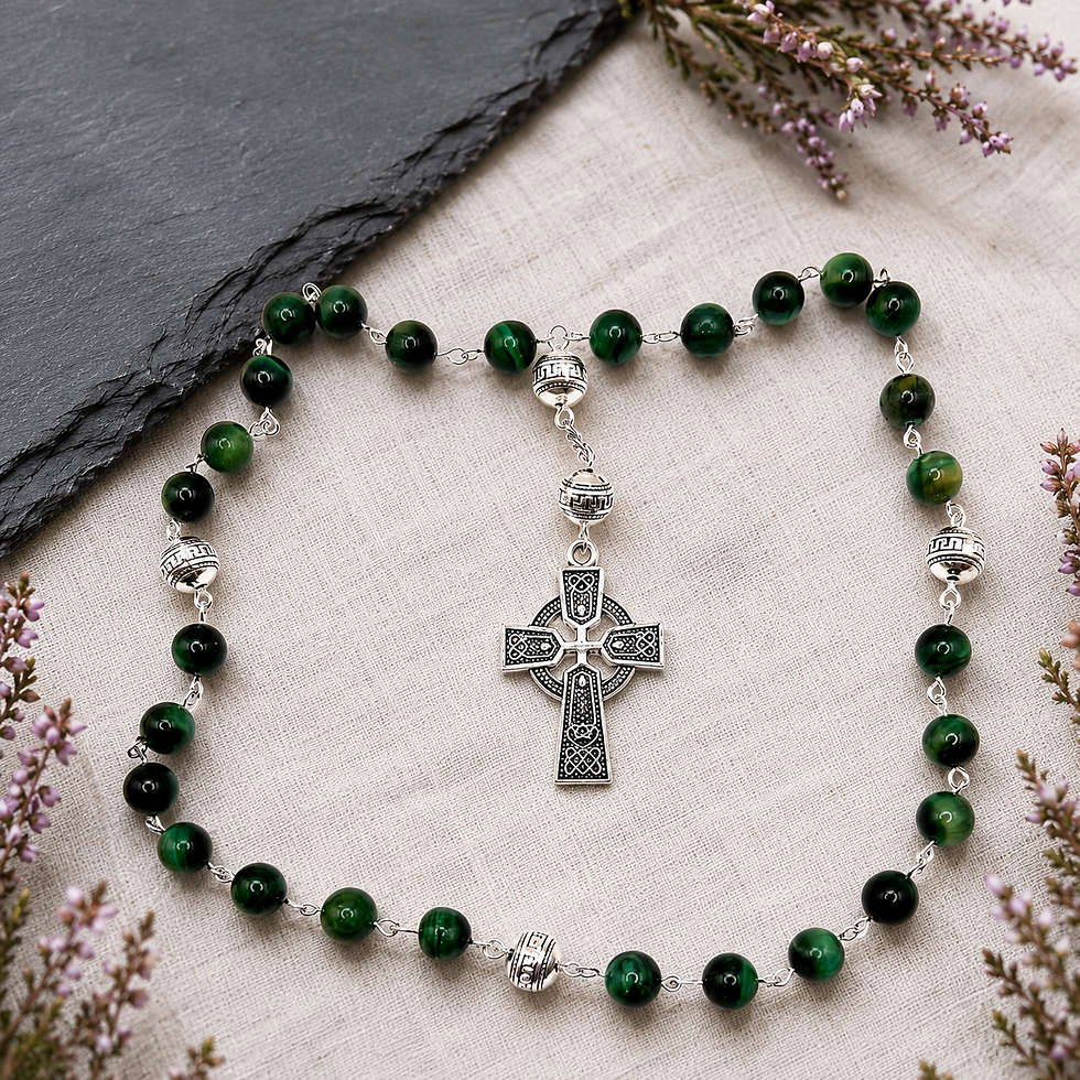 Thumbnail: Anglican Celtic Rosary Beads Green Tigers Eye