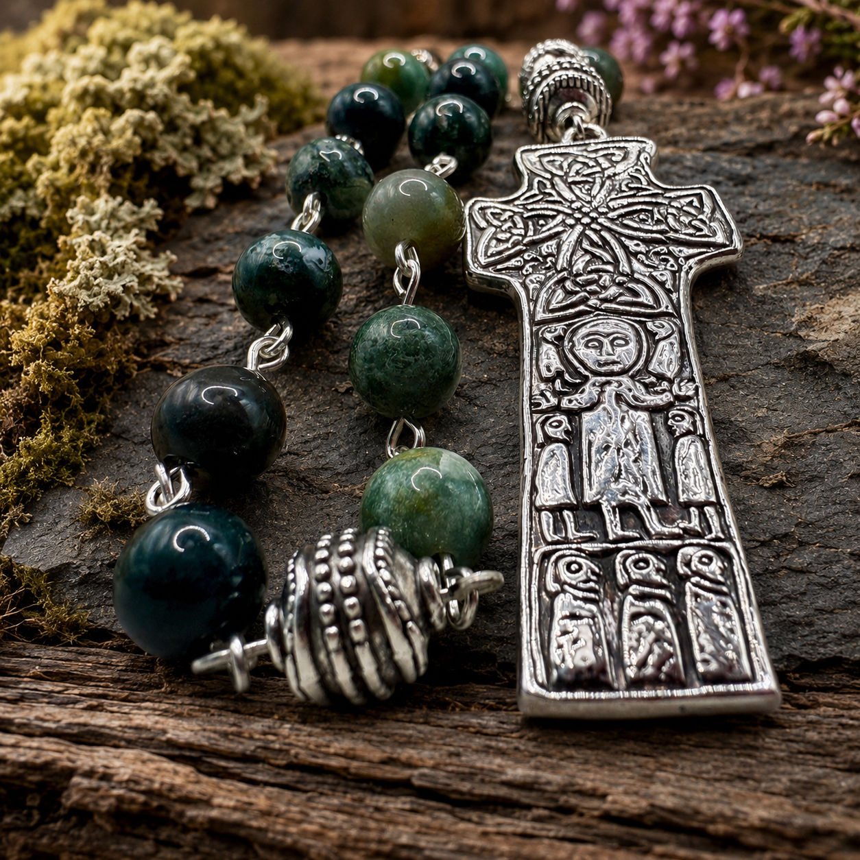 Anglican Rosary – Moss Agate Prayer Beads – Carndonagh Celtic Cross