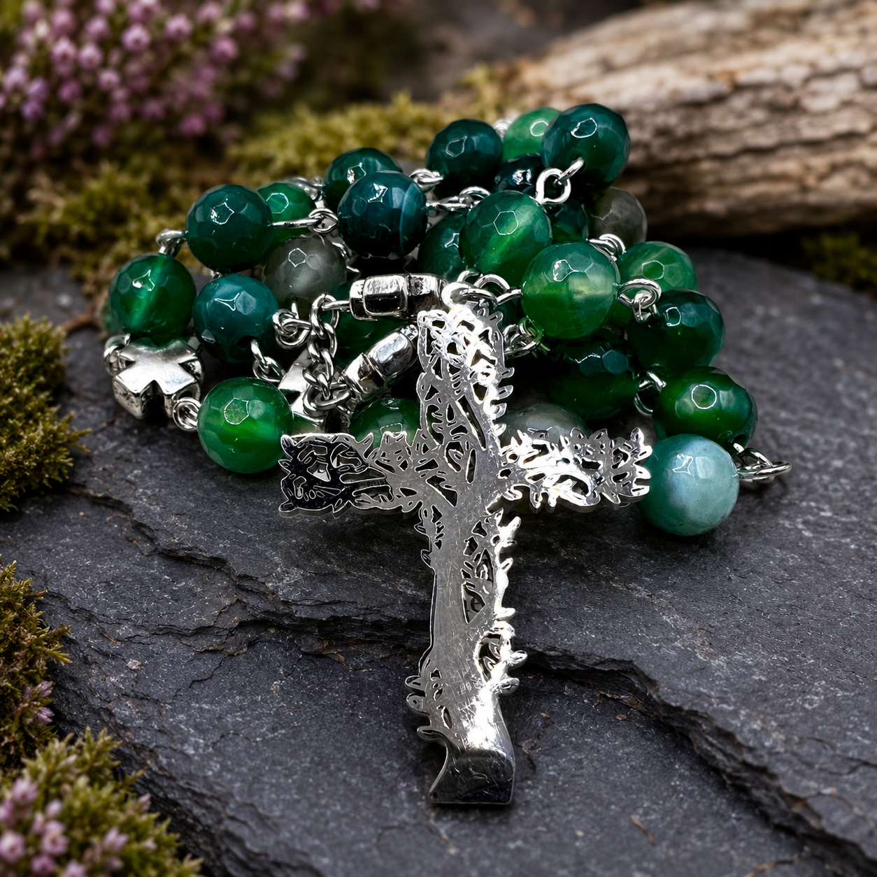 Faceted Green Stripe Agate and Steel Tree of Life Anglican Rosary