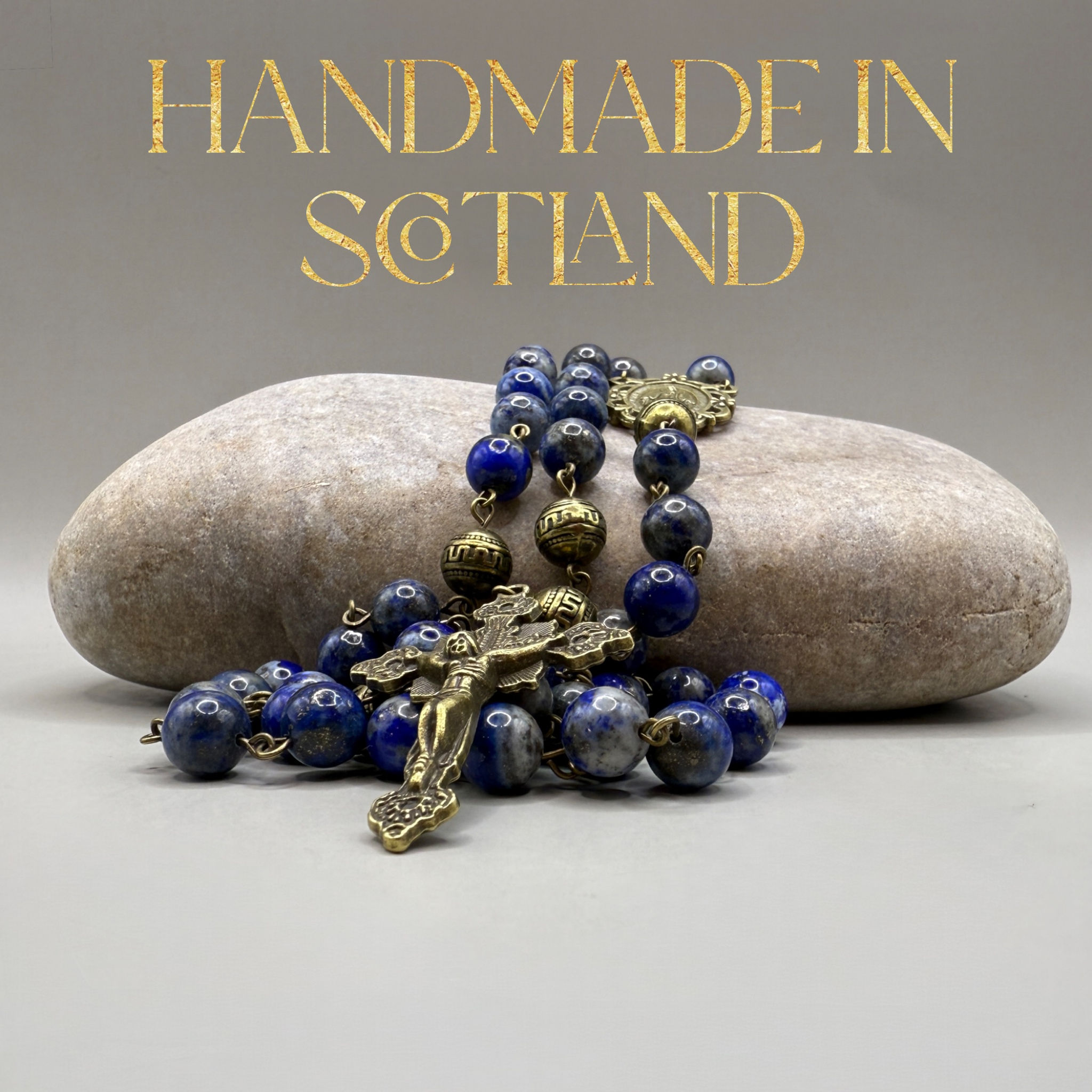 Lapis Lazuli and Antiqued Brass Rosary with Miraculous Medal French Gothic Cross