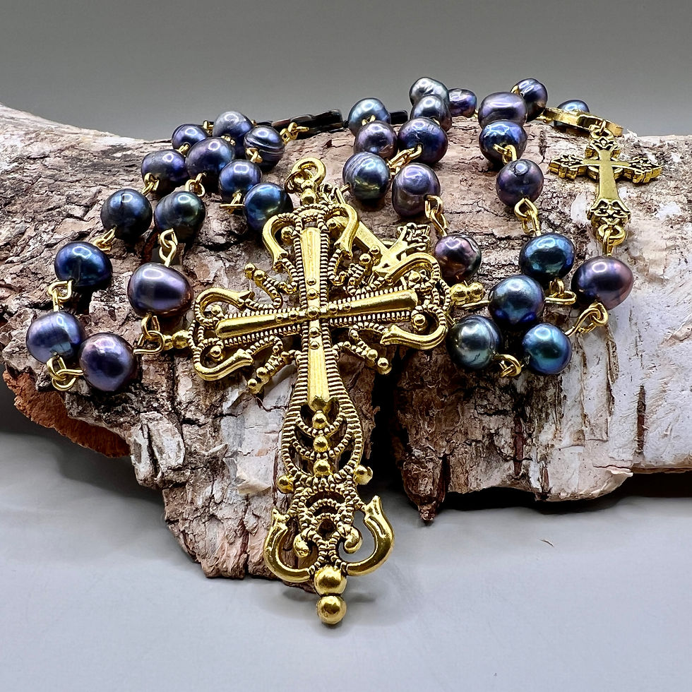 Thumbnail: Traditional Handmade Catholic Rosary Genuine Black Freshwater Pearl Beads Desig