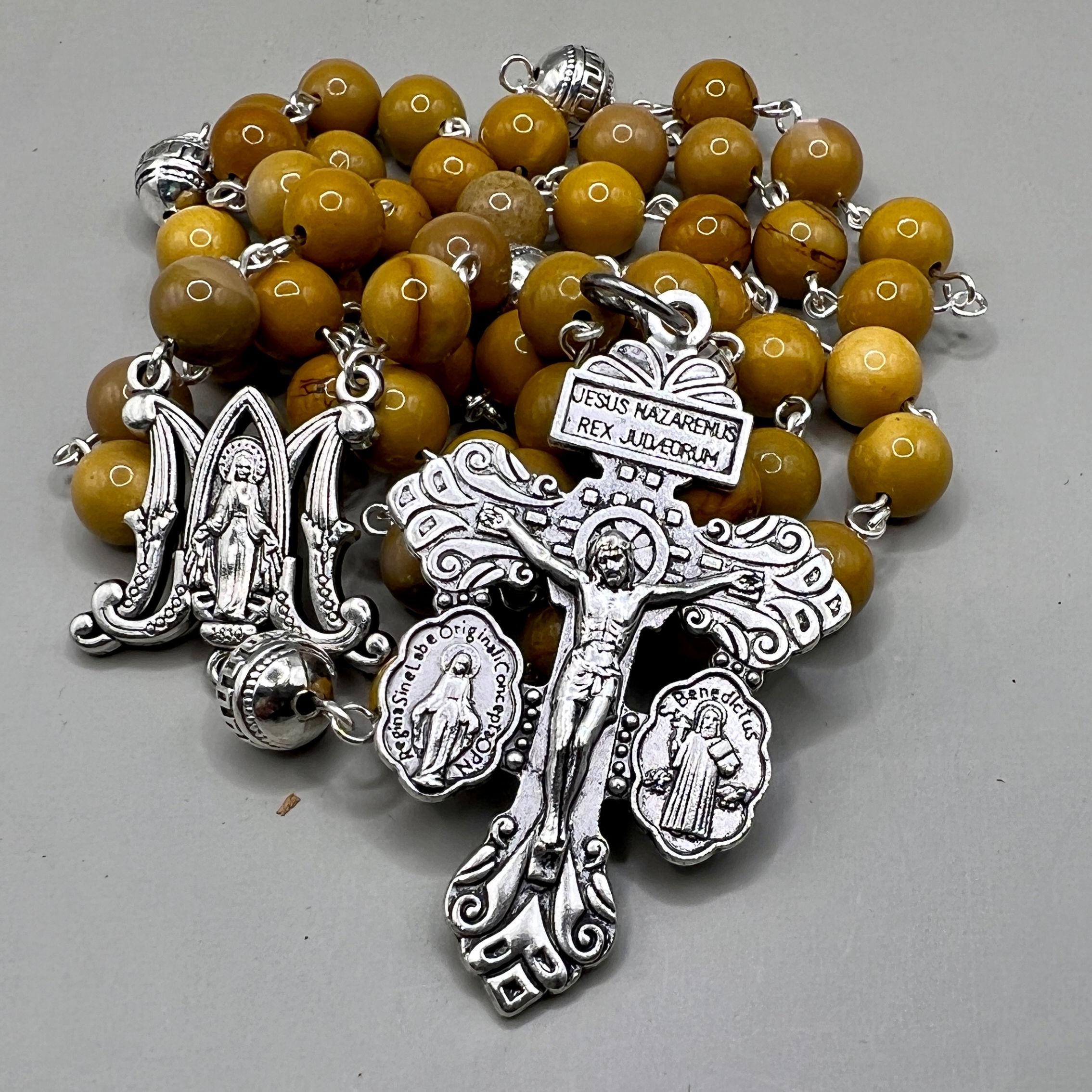Mustard Mookaite Art Deco Pardon Crucifix Rosary Beads