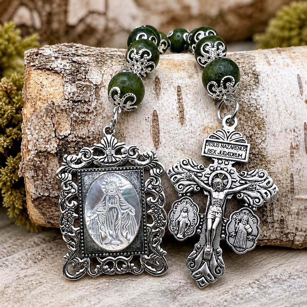 Connemara marble tenner rosary with mother-of-pearl cameo and Pardon crucifix over birch bark