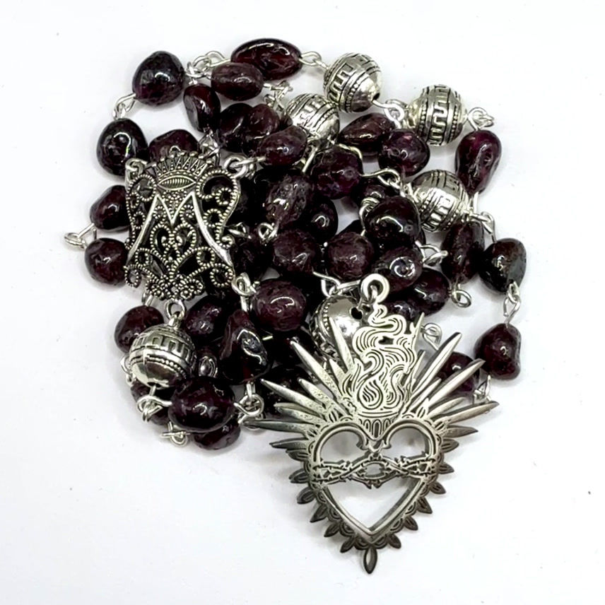 Thumbnail: Garnet and Silver Sacred Heart Catholic Rosary