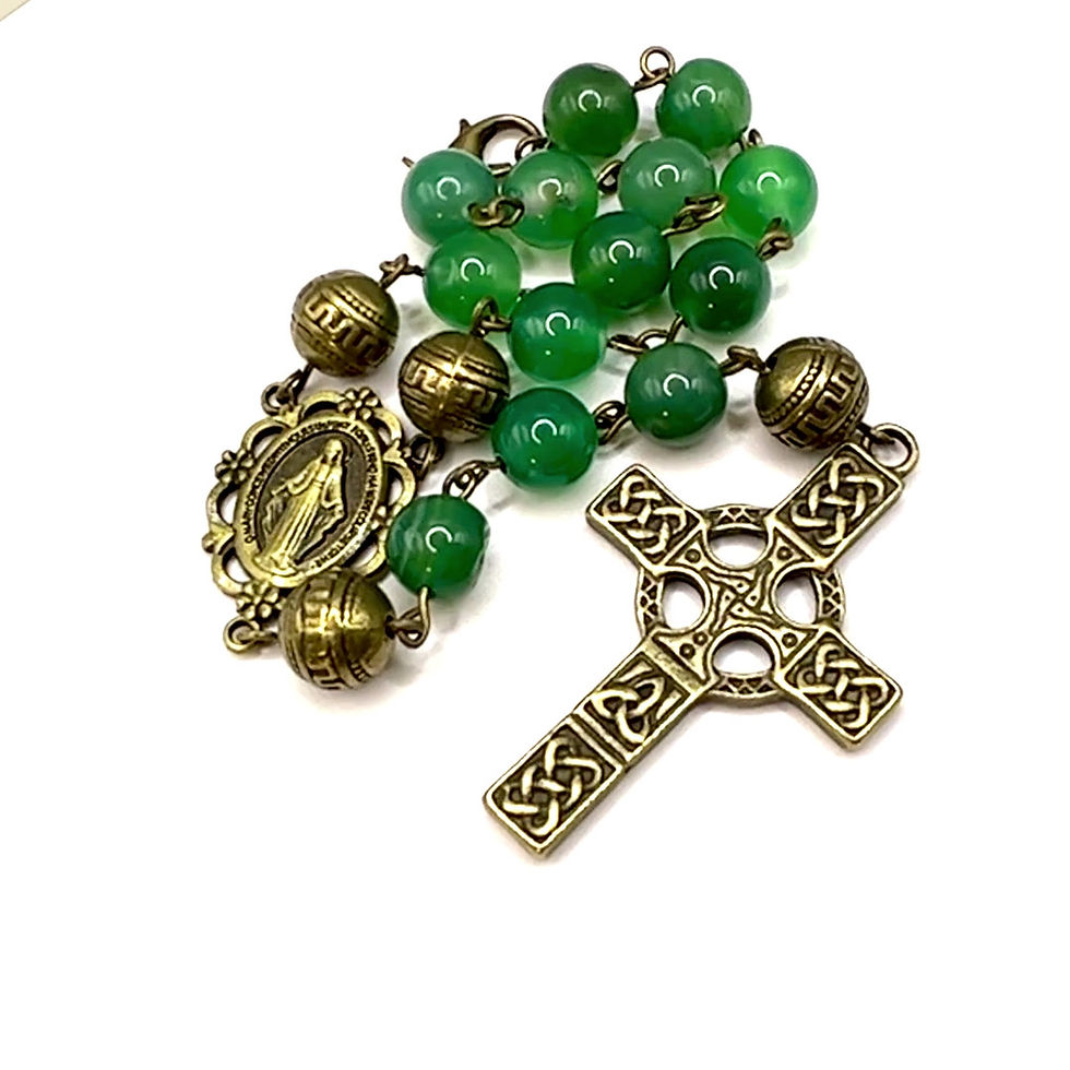Thumbnail: Celtic Green Agate and Brass Miraculous Medal Car Travel Rosary