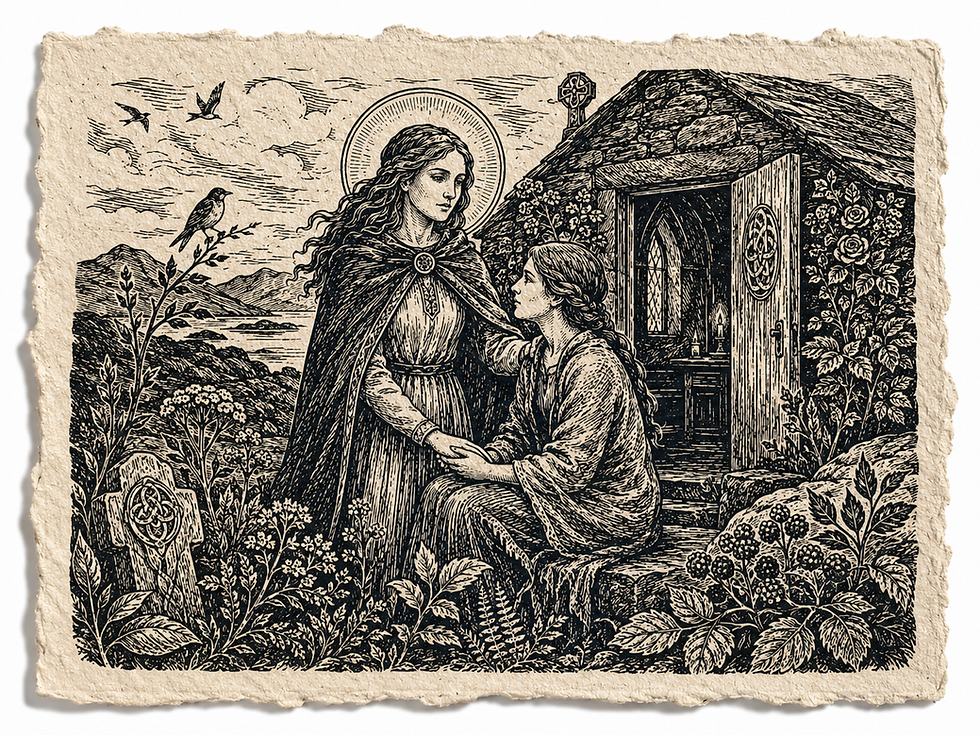 Woodcut-style scene of a haloed woman comforting a kneeling woman outside a cottage amid flowers, birds, and hills.