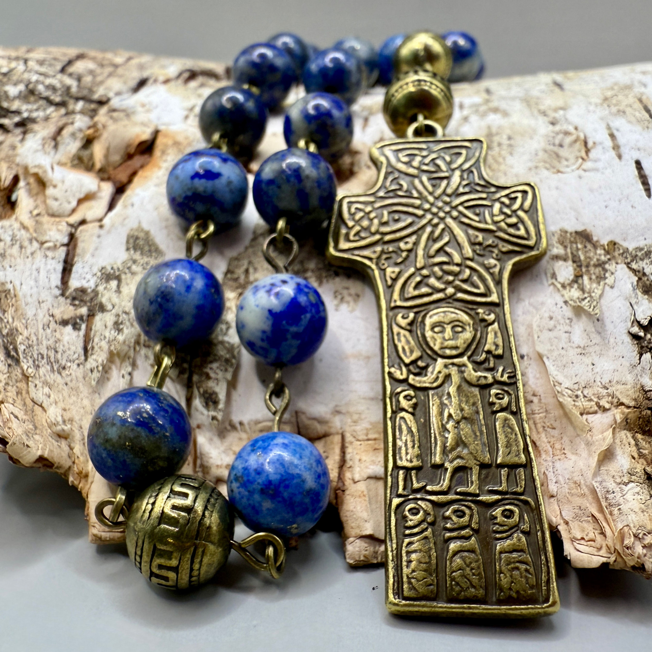 Handmade Anglican Rosary Lapis Lazuli | Carndonagh Cross Replica | Celtic Prayer
