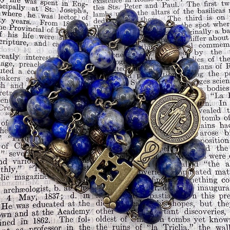 Thumbnail: Lapis Lazuli and Antiqued Brass Rosary with Miraculous Medal Saint Benedict Key