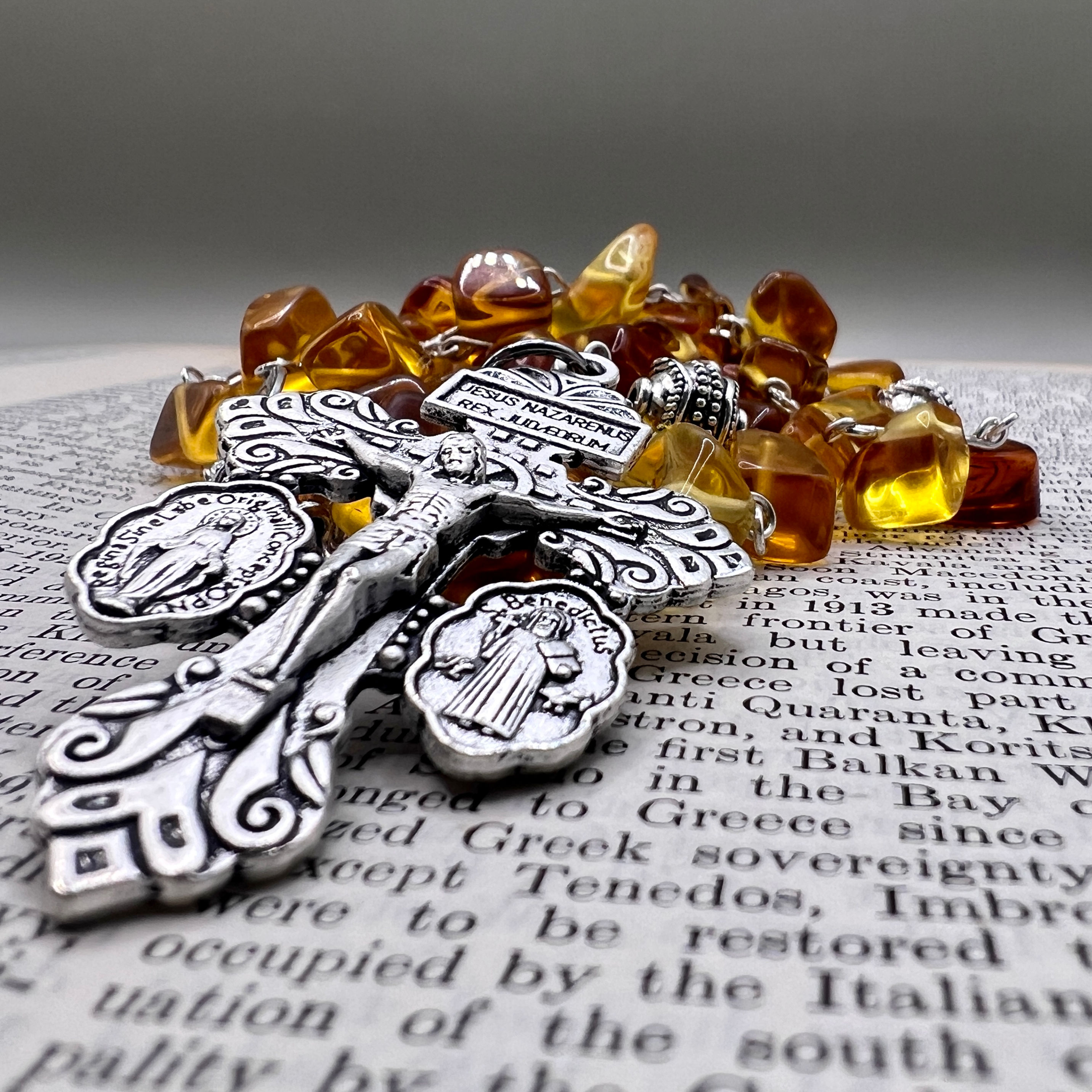 Amber Glass Pardon Rosary Beads with Miraculous Medal Silver