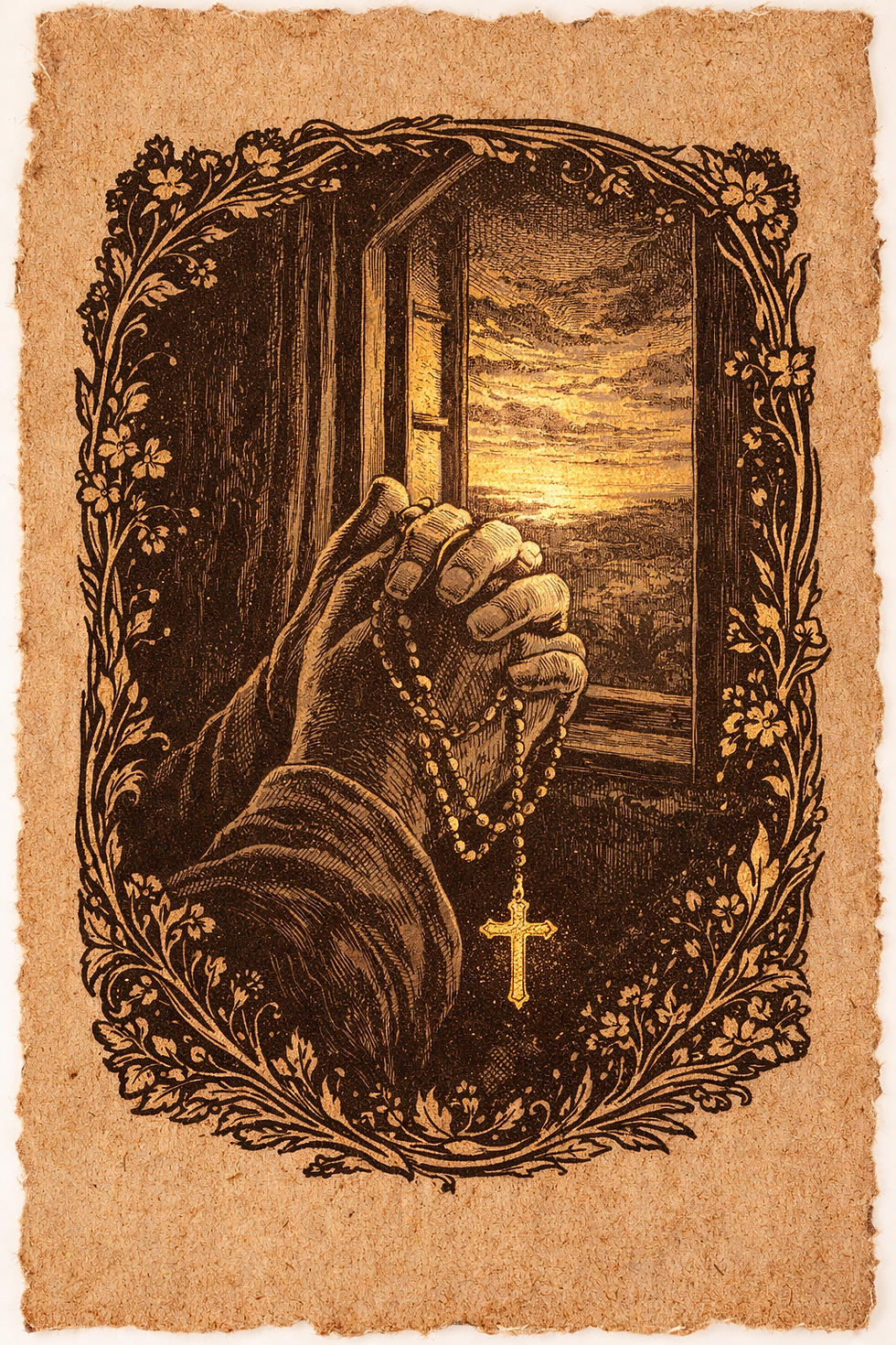 Hands clasped with rosary, cross hanging, in front of an open window with a golden sunset. Ornate floral border on textured paper.