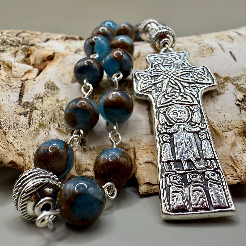 Thumbnail: Anglican Rosary – Lake Blue Agate & Copper Vein Beads – Carndonagh Celtic Cross