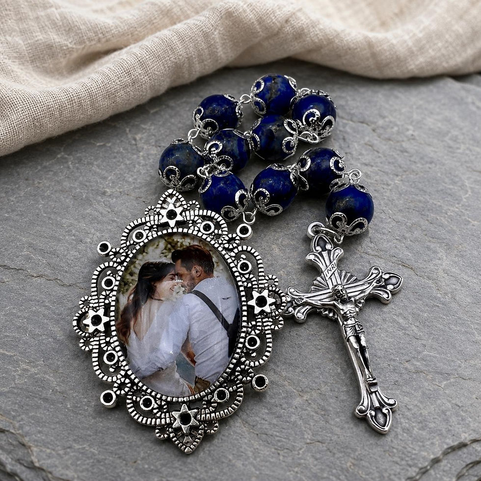 Wedding anniversary cameo rosary with a couple photograph, blue beads and silver crucifix on slate