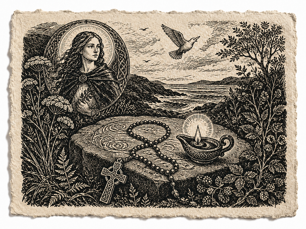 Vintage black-and-white engraving of a saintly woman by the sea, with a dove, rosary, cross, and lit oil lamp amid flowers.