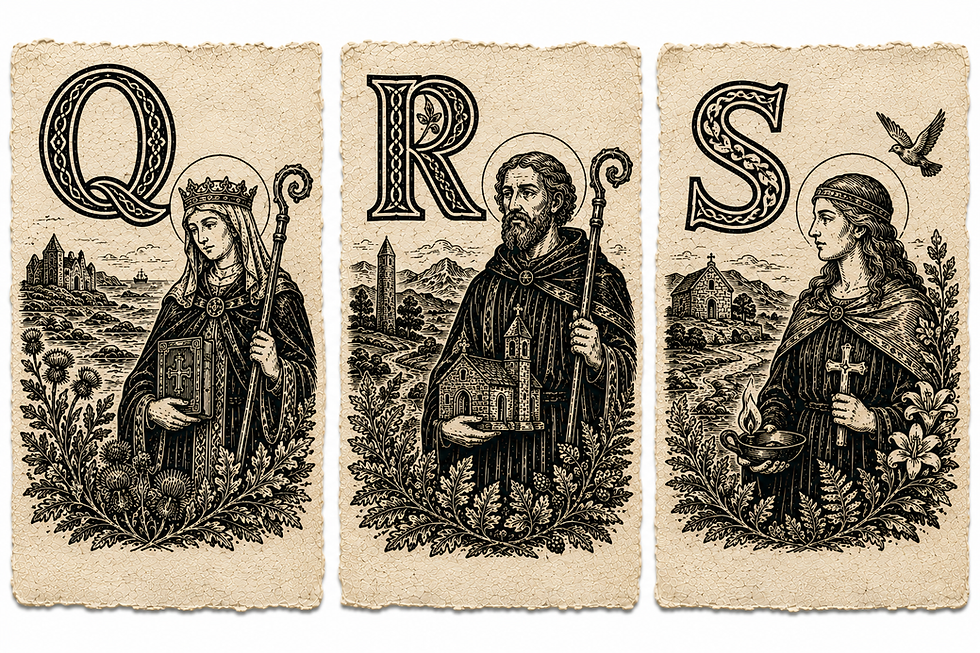 Vintage parchment triptych with ornate Q, R, S above saintly figures holding book, staff, and candle in rural scenes.