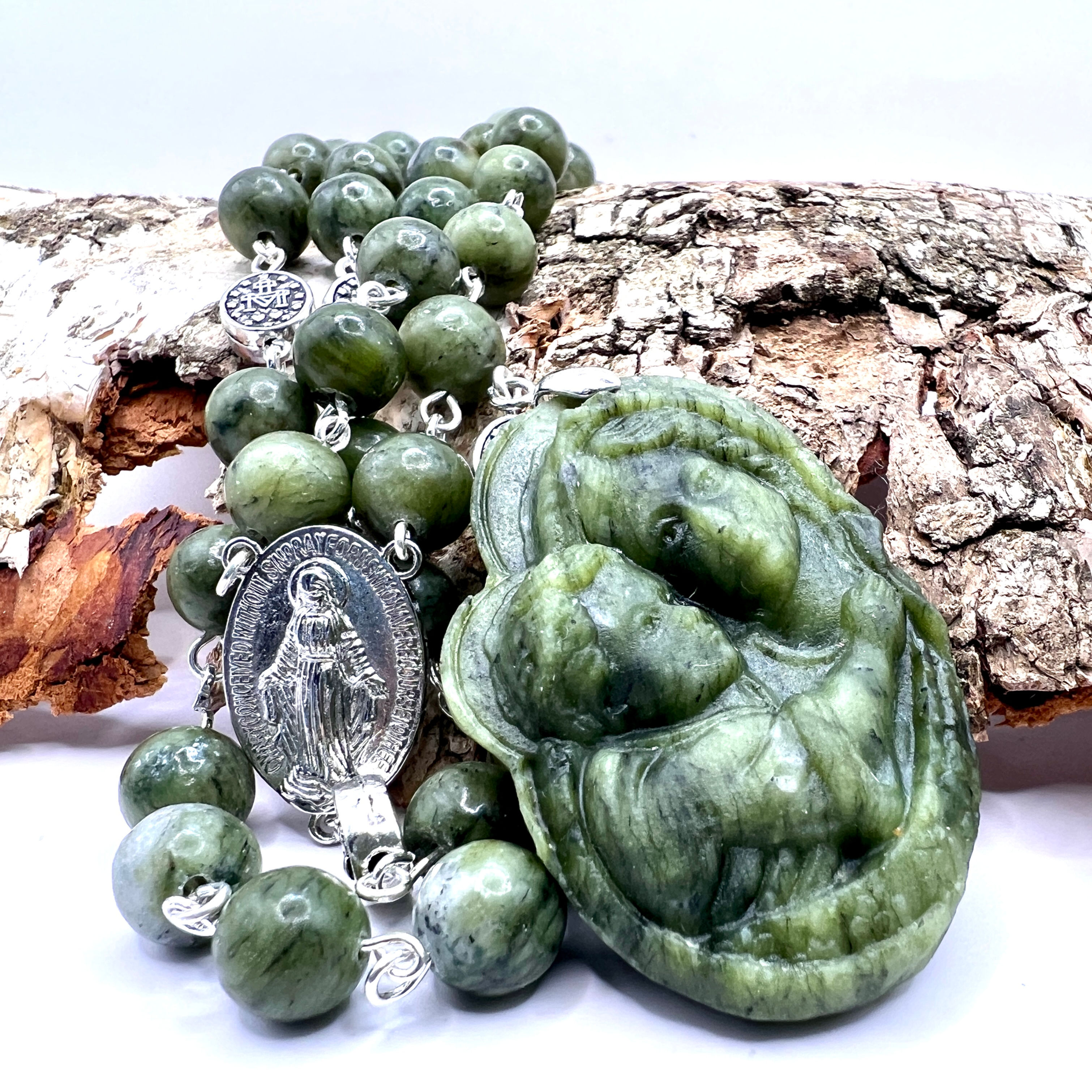 Connemara Marble amulet rosary Madonna and Child