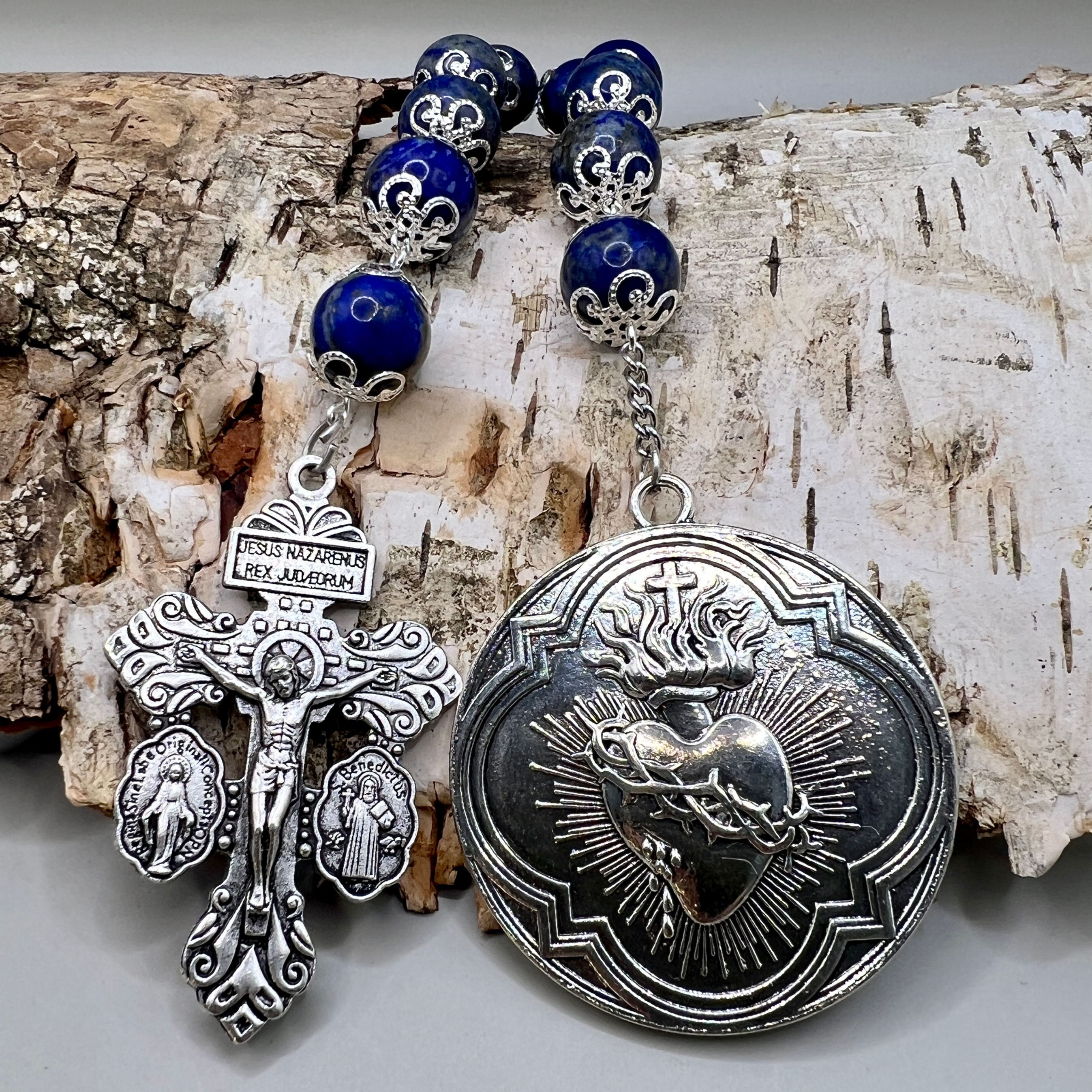 Lapis Lazuli Tenner Rosary with Pardon Crucifix and Sacred Heart Medal