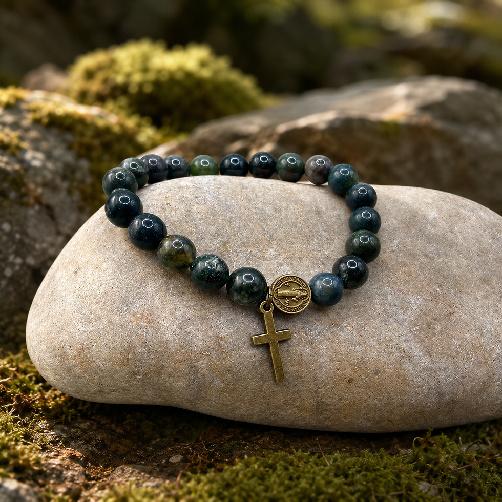 Thumbnail: Moss Agate Saint Benedict and Cross Bracelet