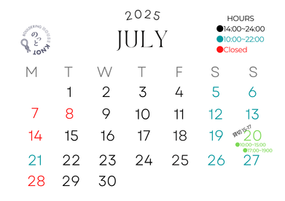 7月の営業日,営業時間のお知らせ