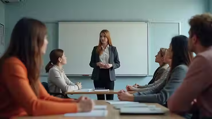 Eye-level view of a classroom with engaged students and a teacher facilitating discussion