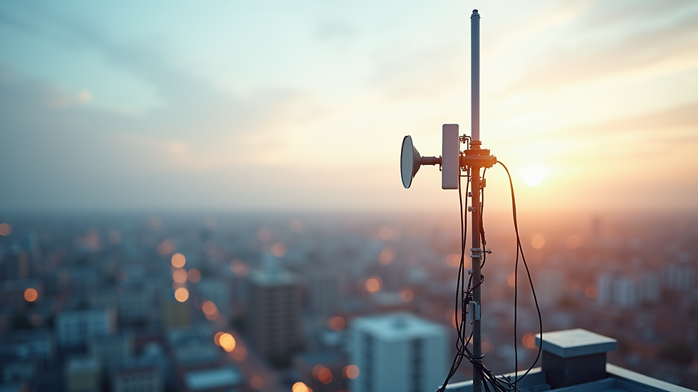 Close-up view of a modern communications antenna on a building rooftop