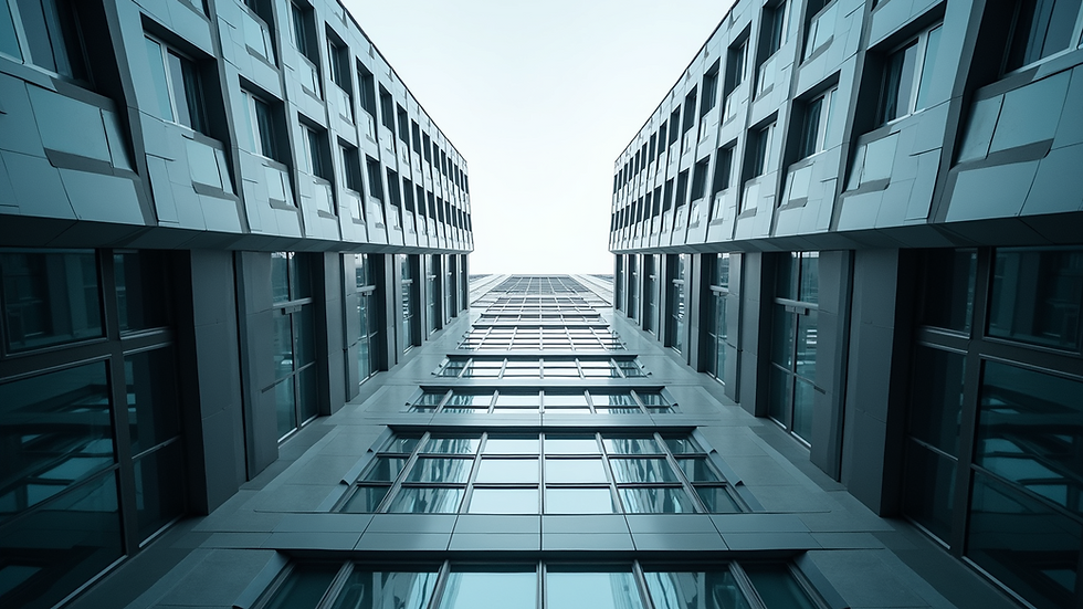 High angle view of a modern building showcasing its exterior infrastructure