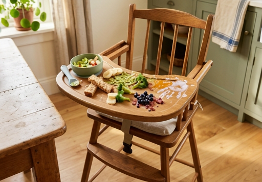 A high chair with food scraps and a child's handprint