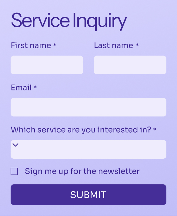 An online business management tool featuring a contact form for service inquiries with fields for name, email and more.